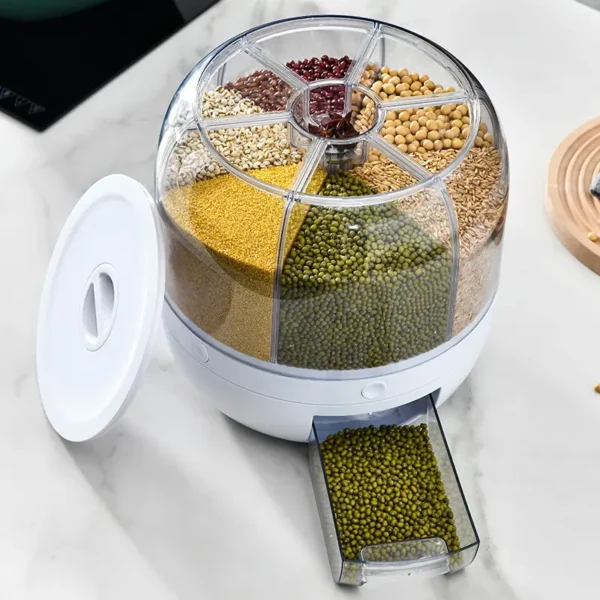 Rice Dispenser Kitchen Moisture-Proof 6-Grid Rotating Food Grain Dispenser Cereal Storage Box Rice Container Dispens - Image 2