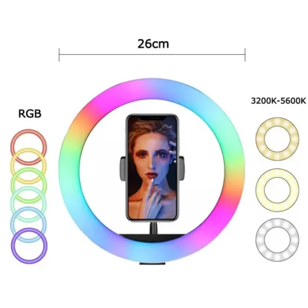 Ring Light RGB with Tripod Stand, 10 Inch 26cm MJ26 Black Usb Port 10W Dimmable Led Ring Light 10 Inch 5V - Image 3