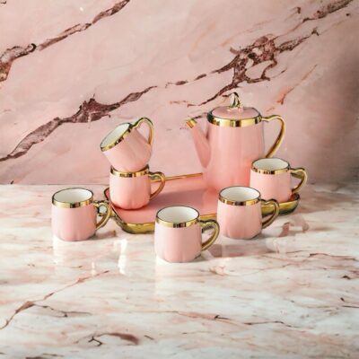 Colored Ceramic Tea Pot And Six Cups Set With Serving Tray