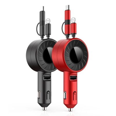 USB Car Charger with Two Retractable Cables for Type-C Android iPhone Cell Phone