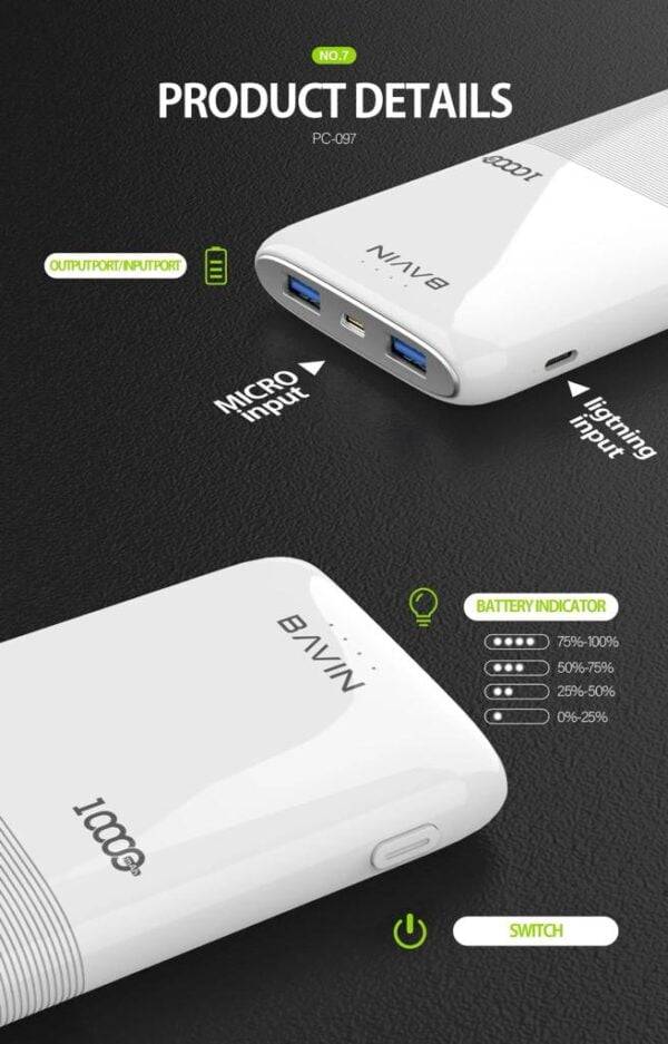 BAVIN  PC097 Micro Slim 10000MAh Power Bank - Image 2