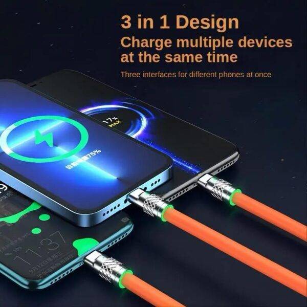 3 in 1 Silicone Data Line iPhone Charging Fast Micro Charge Cable 120W Mobile - Image 3