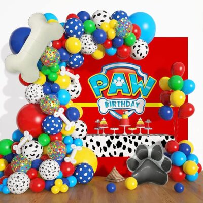 Paw Balloons Garland Arch Kit with Bone Paw Print Foil Balloons Red Yellow Blue Green Puppy Paw Latex Balloon