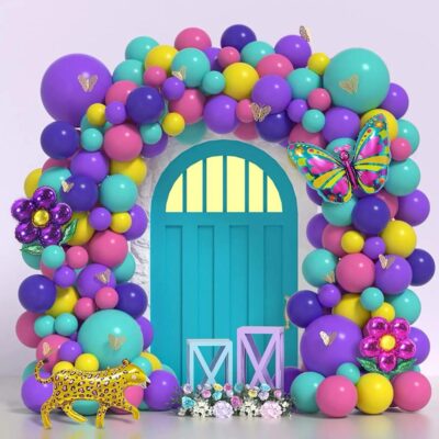 123 PCS Purple Blue Yellow Pink Balloon Garland Arch Kit with 3D Gold Butterfly