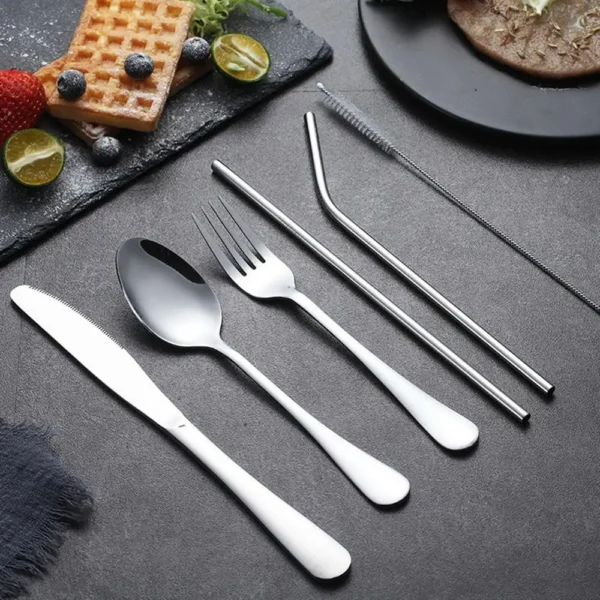 Stainless Steel Camping Cutlery Set Outdoor Spoon Knife Fork Straws Travel Set - Image 2