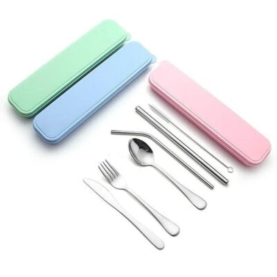 Stainless Steel Camping Cutlery Set Outdoor Spoon Knife Fork Straws Travel Set