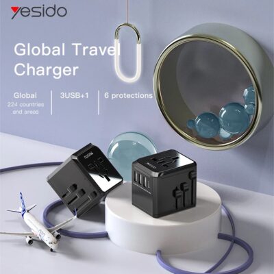 YESIDO Universal Travel Adapter 3 USB & Type-C Outlet Converter Plug Power